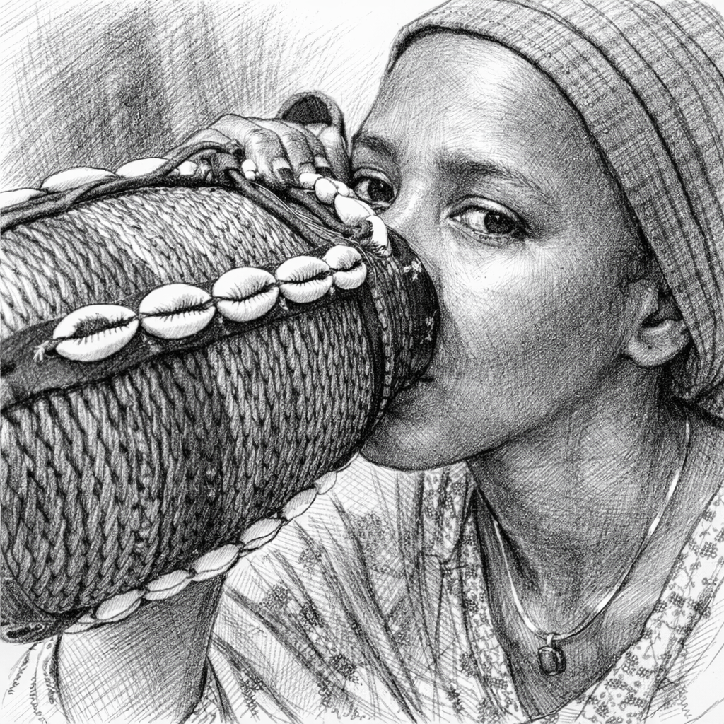 young woman drinking from a traditional woven